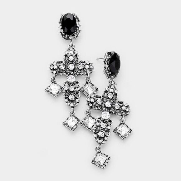 Cross Antique Silver Rhinestone Earrings - Picture 3 of 5